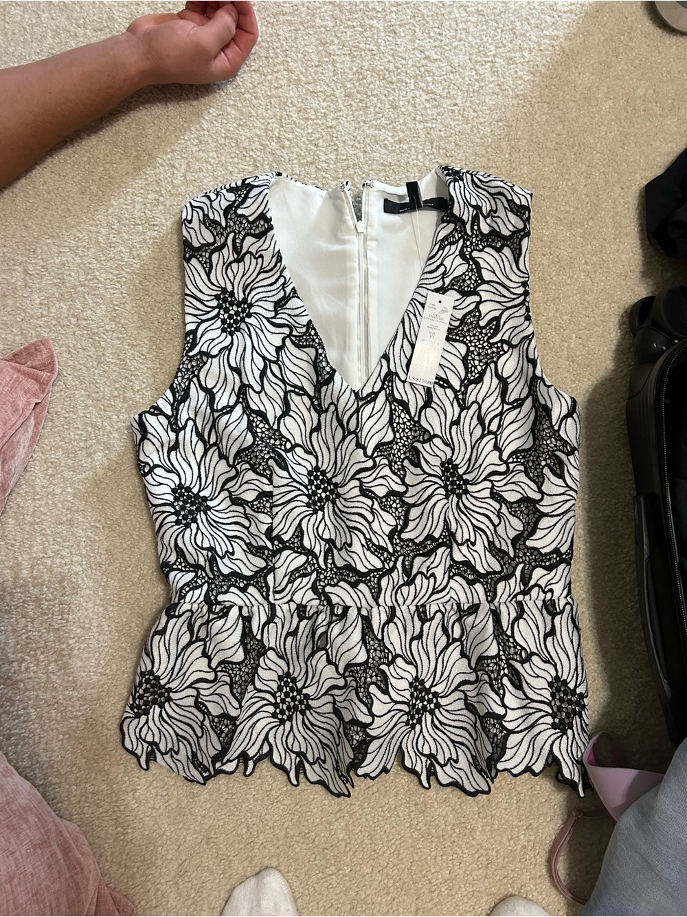 Sleeveless Black & White Floral Peplum Top - Women